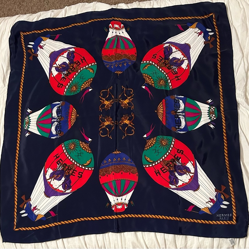 Classic Hermes navy blue hot air balloon silk scarf